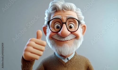 Happy Elderly Man Giving Thumbs Up, Cheerful 3D Cartoon Grandfather Character, Positive Senior Person, Light Background, Success and Approval Concept, Generative AI