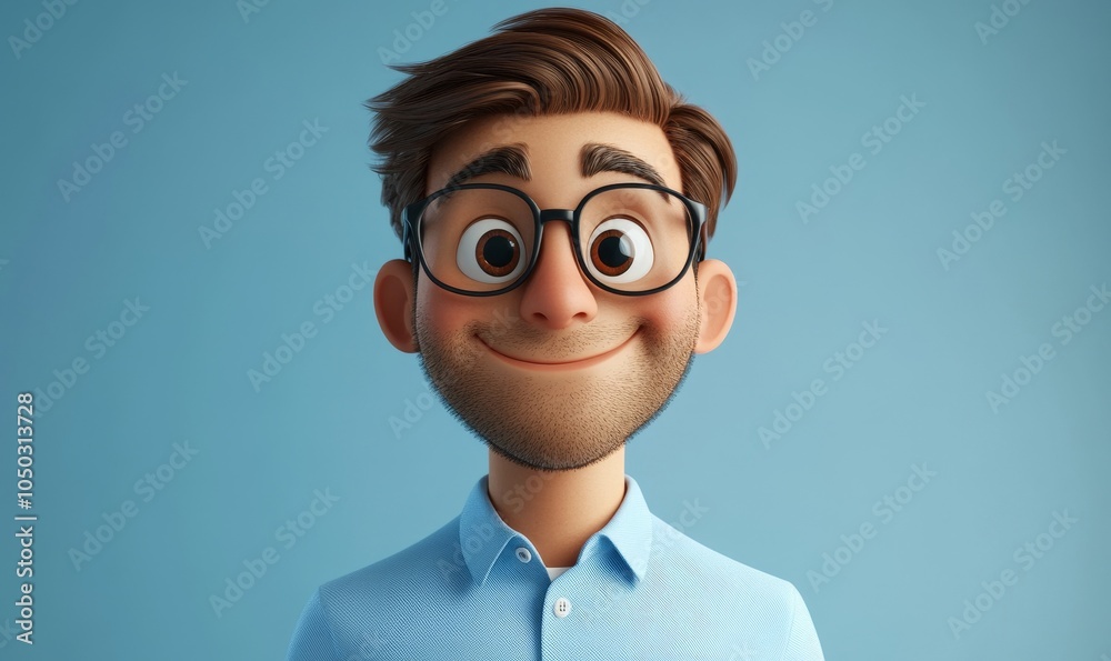 Smiling Cartoon 3D Character Man with Glasses in Blue Shirt Portrait Concept of Happiness and Positivity, Generative AI Smiling Cartoon 3D Character Man with Glasses in Blue Shirt Portrait Concept of Happiness and Positivity, Generative AI