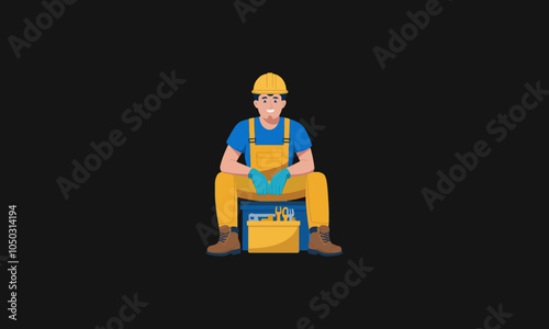 Worker in overalls sitting with a toolbox, smiling calmly.