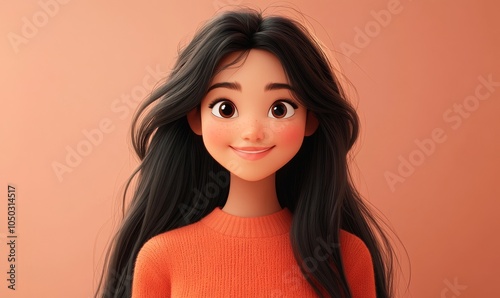 Smiling Young Asian Woman Cartoon Character with Long Black Hair in Orange Sweater, 3D Style Design, Human Emotions and Positive Feelings Concept, Light, Generative AI