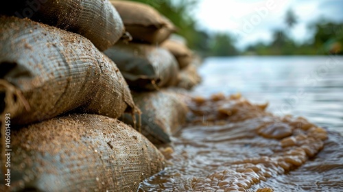 Sandbags along a riverbank, water flowing around them, natural habitat.