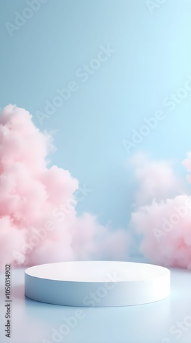 Cloud platform, blue, pink pastel sky, white podium for product display