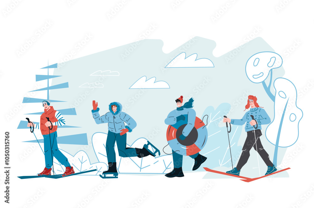 Fototapeta premium Winter season with snow sports and outdoor activities. People enjoy winter activities such as skiing, skating, tubing, vector illustration isolated on white background.