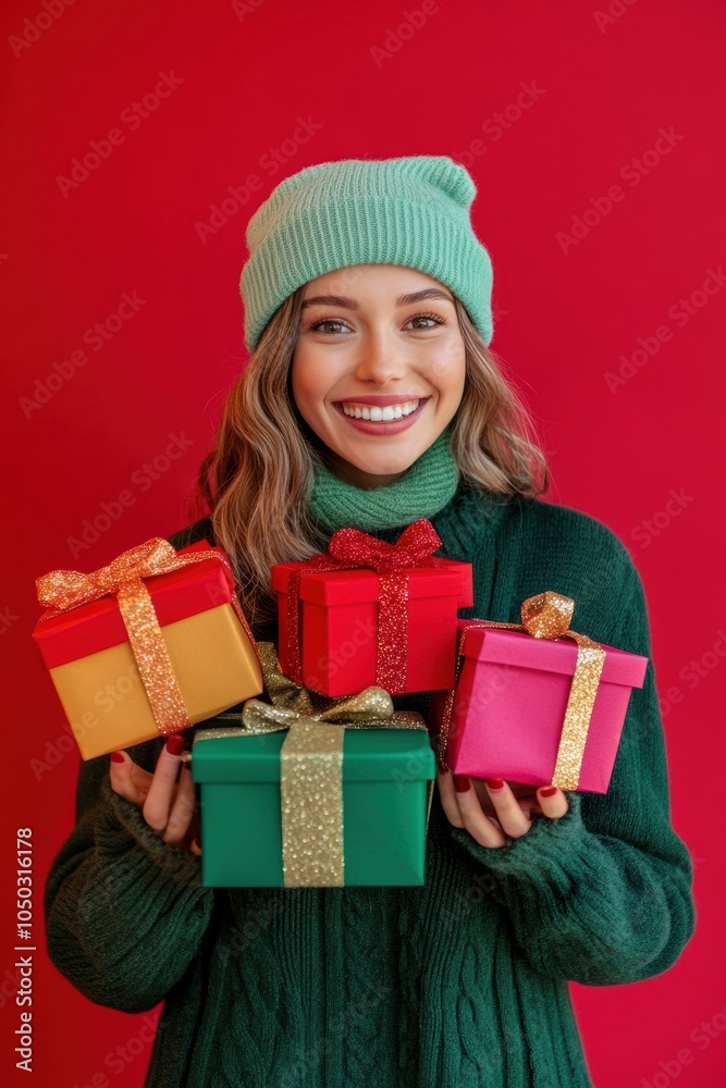 Happy female with gift box in holiday season. Happy female with gift box in holiday season.