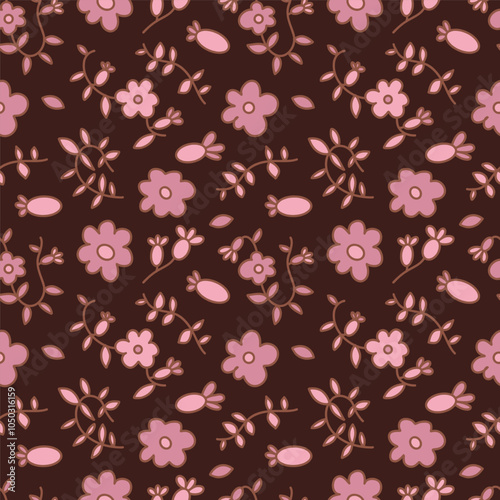 A pattern of small flowers and leaves in pastel tones. Seamless background with a bohemian pattern in the form of small flowers.