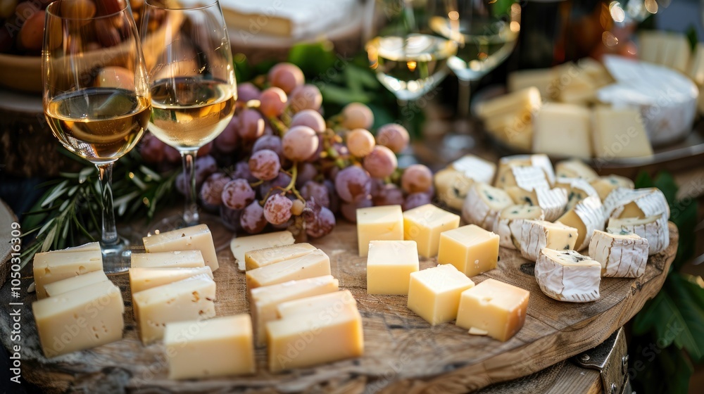 Variety of cheeses and grapes arranged on a wooden platter with wine glasses.