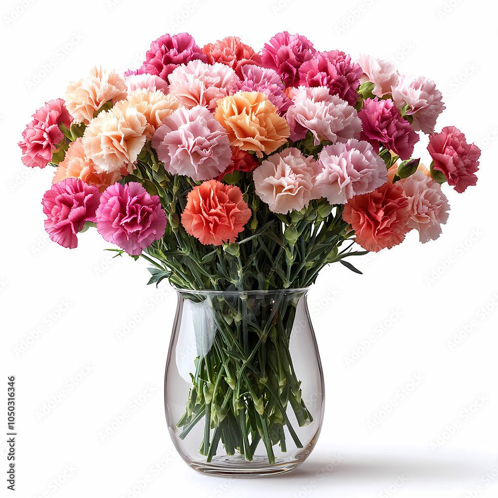 Obraz premium A vibrant bouquet of carnations in shades of pink, red, and white, with ruffled, textured petals and sturdy green stems