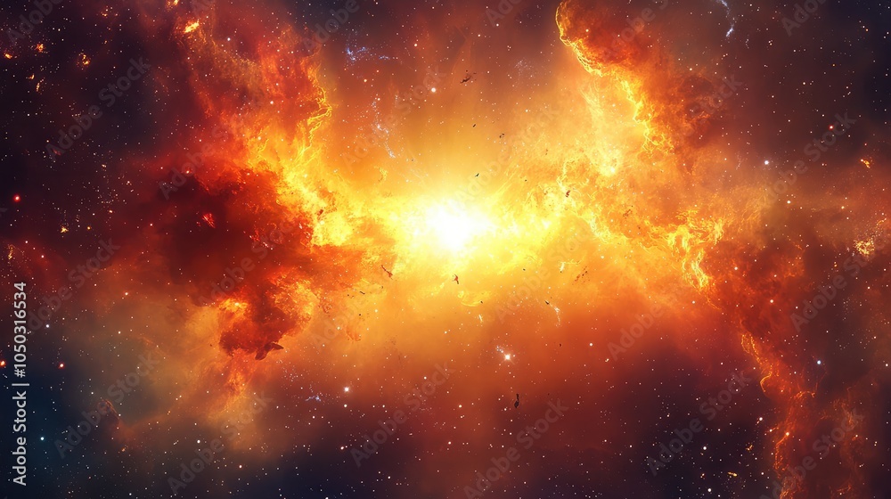 Fototapeta premium A powerful explosion from the core of a distant galaxy, with superheated gas clouds and debris illuminated by brilliant cosmic light