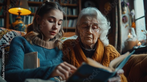 Young girl reading with her grandmother in a cozy living room.