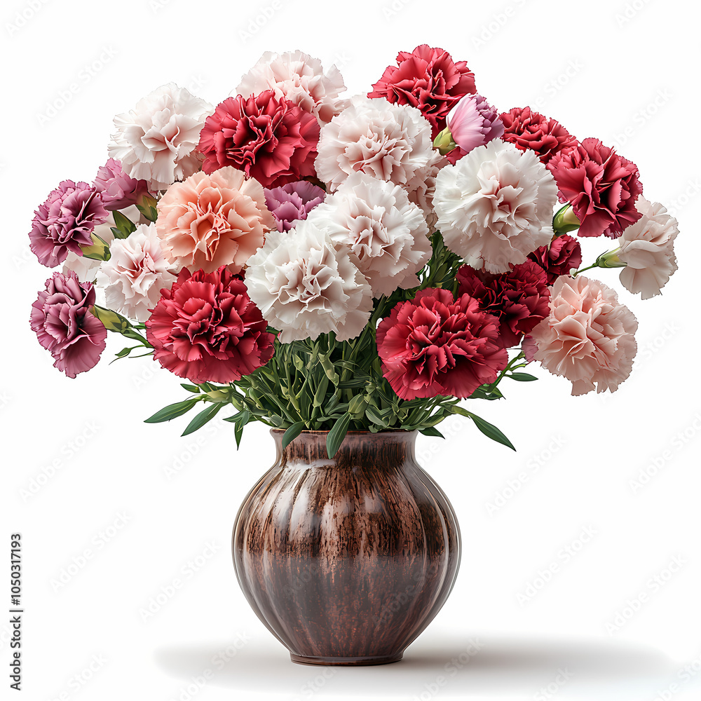 Obraz premium A vibrant bouquet of carnations in shades of pink, red, and white, with ruffled, textured petals and sturdy green stems