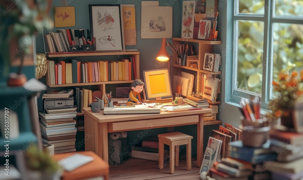 A dollhouse room with a miniature artist working.