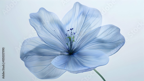 A single, delicate blue flower with translucent petals, isolated on a white background.