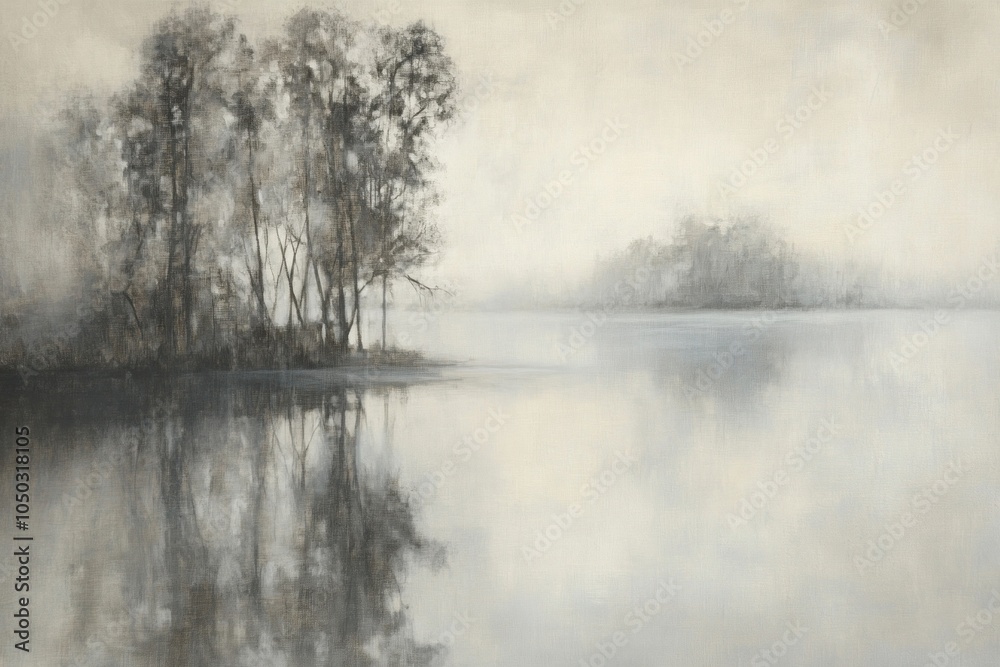 A foggy lakeside scene with calm waters reflecting the muted outlines of trees, creating a tranquil and eerie ambiance. A foggy lakeside scene with calm waters reflecting the muted outlines of trees, creating a tranquil and eerie ambiance.