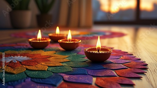 Indian Happy Diwali Colorful Diwali rangoli with clay lamps, festive floor decor, 3D illustration photo