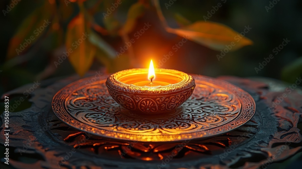 Indian Happy Diwali Diwali diya illuminating a decorative metal plate with traditional patterns, warm and festive ambiance Indian Happy Diwali Diwali diya illuminating a decorative metal plate with traditional patterns, warm and festive ambiance