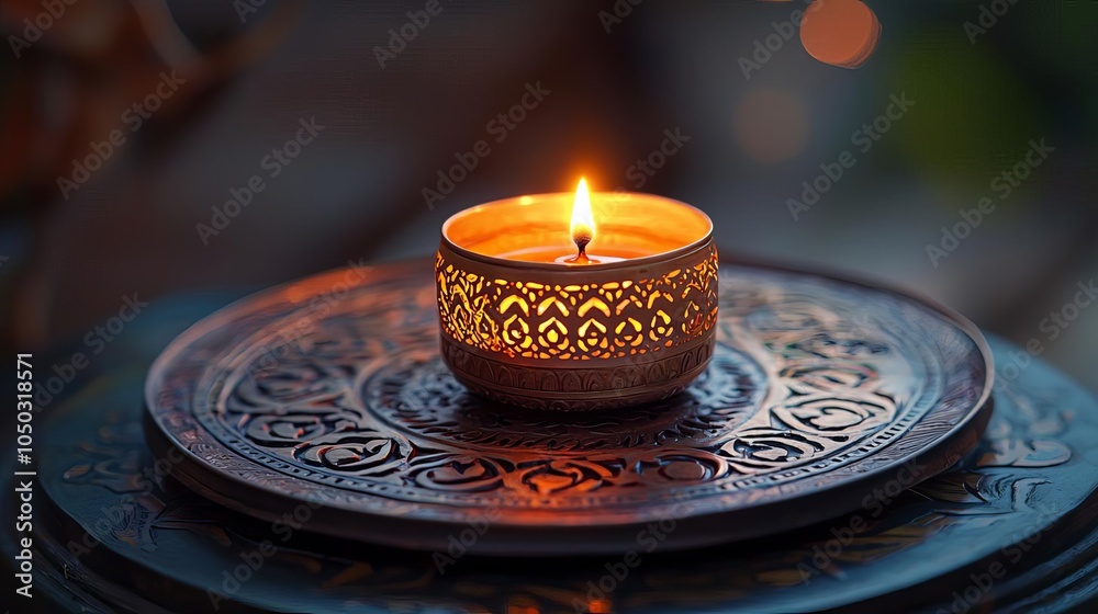 Indian Happy Diwali Diwali diya illuminating a decorative metal plate with traditional patterns, warm and festive ambiance Indian Happy Diwali Diwali diya illuminating a decorative metal plate with traditional patterns, warm and festive ambiance