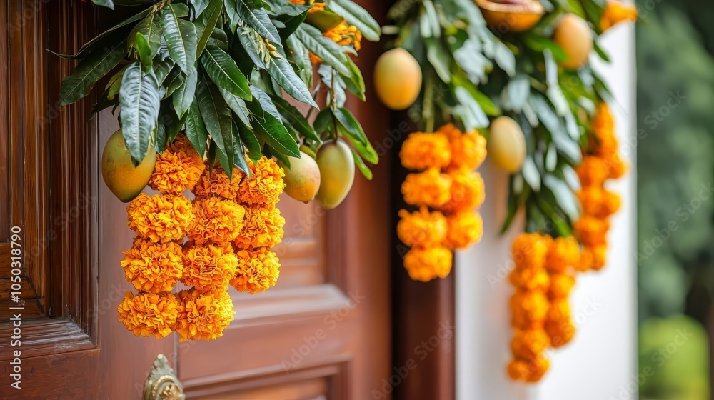 Indian Happy Diwali Diwali toran with marigolds and mango leaves hanging on a door, warm and inviting festive setting Indian Happy Diwali Diwali toran with marigolds and mango leaves hanging on a door, warm and inviting festive setting