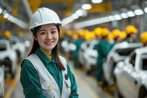 A Chinese woman engineer. The engineer works in an automobile factory. The engineer is smiling as she looks at the camera.