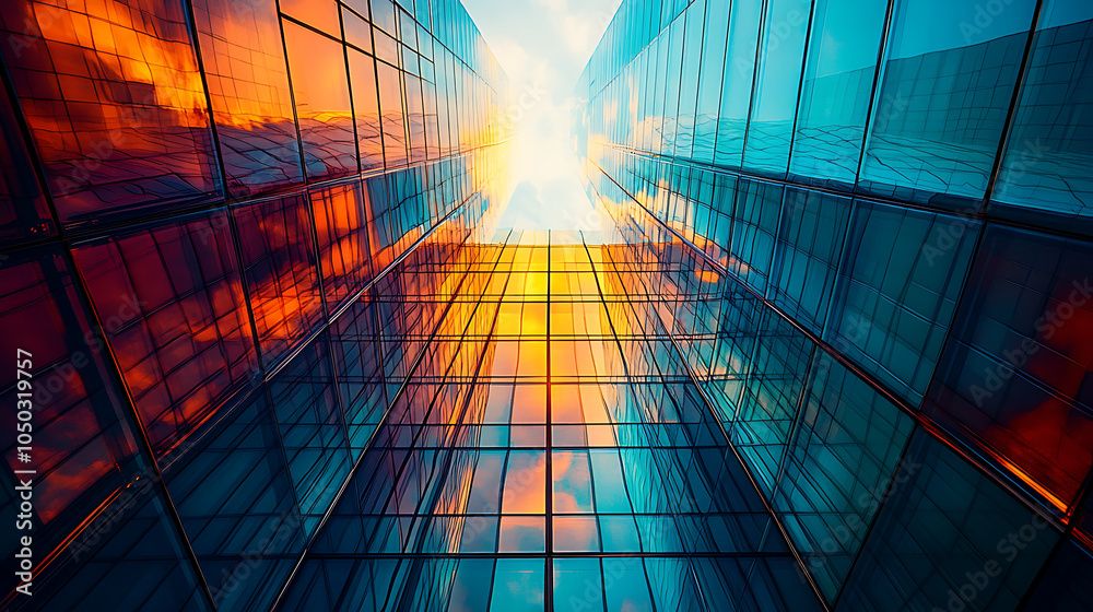 Stunning reflection of modern architecture under vibrant sunset skies Stunning reflection of modern architecture under vibrant sunset skies