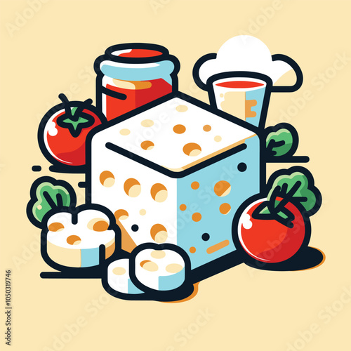 Colorful cheese and tomato illustration with culinary elements