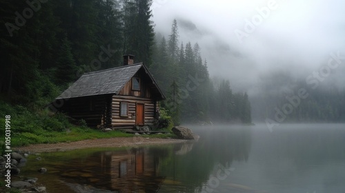 A view of a foggy lakeside cabin, with the reflection of the mist in the water, creating a peaceful and isolated scene.