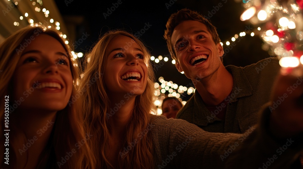 Obraz premium A group of friends decorating a Christmas tree together, placing ornaments and lights, with laughter and joy filling the room.