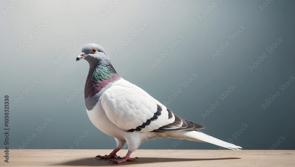Obraz premium A single pigeon with gray and white feathers stands on a wooden surface against a light blue background.