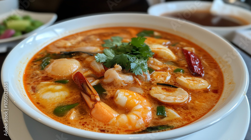 the top-down view of the beautifully plated Tom Yum Goong in a white bowl, isolated as requested. photo