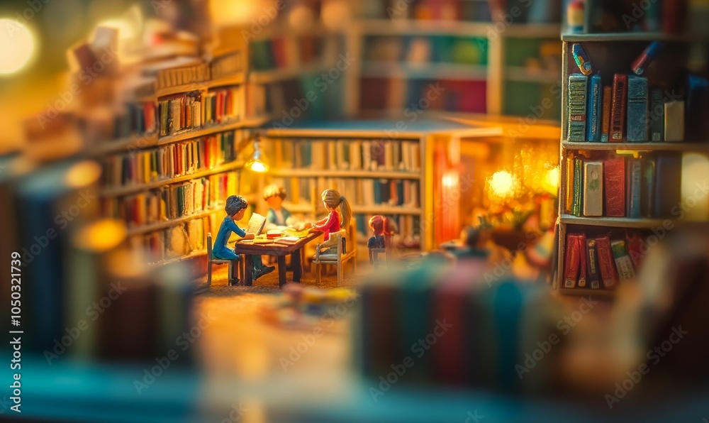 Miniature figures read in a library setting. Miniature figures read in a library setting.