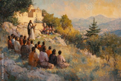 Jesus teaching a crowd of followers on a hillside with his disciples nearby, portrayed in a traditional Christian art style with warm, earthy colors and soft lighting. photo