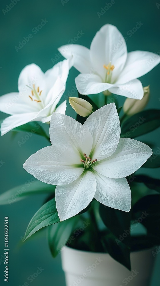 Elegant close-up of white lilies in a pot against a soft green background for floral decor inspiration Elegant close-up of white lilies in a pot against a soft green background for floral decor inspiration