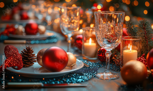 Elegant Christmas Dinner Table Setting with Traditional Decorations