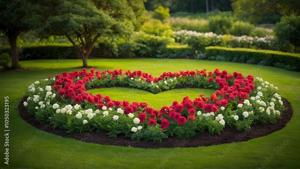 Obraz premium Beautiful Heart-Shaped Flower Garden Arrangement in a Serene Park During the Spring Afternoon Sunlight