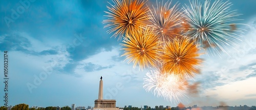 Dramatic fireworks finale with colorful explosions filling the sky and illuminating a famous landmark during a grand festival display photo