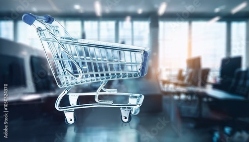 creative shopping cart icon on blurry office interior background. E-commerce and advertising design concept. Double exposure.