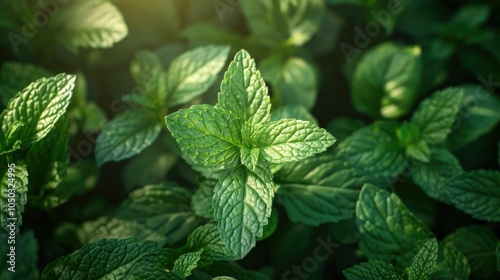Fresh green mint leaves with intricate textures, natural light highlights.