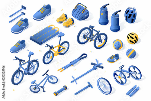 Isometric illustration of sports equipment including bikes, shoes, helmets, and other accessories.