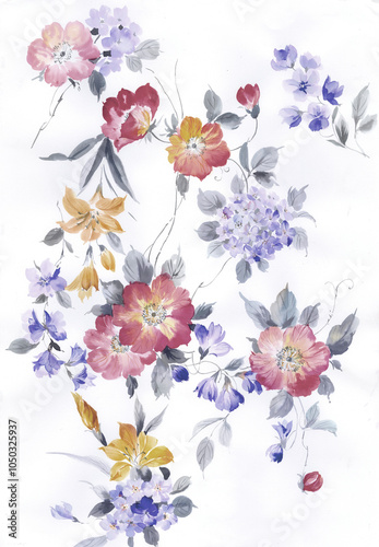 Exquisite Watercolor Patterns of Flowering Plants and Curly Designs