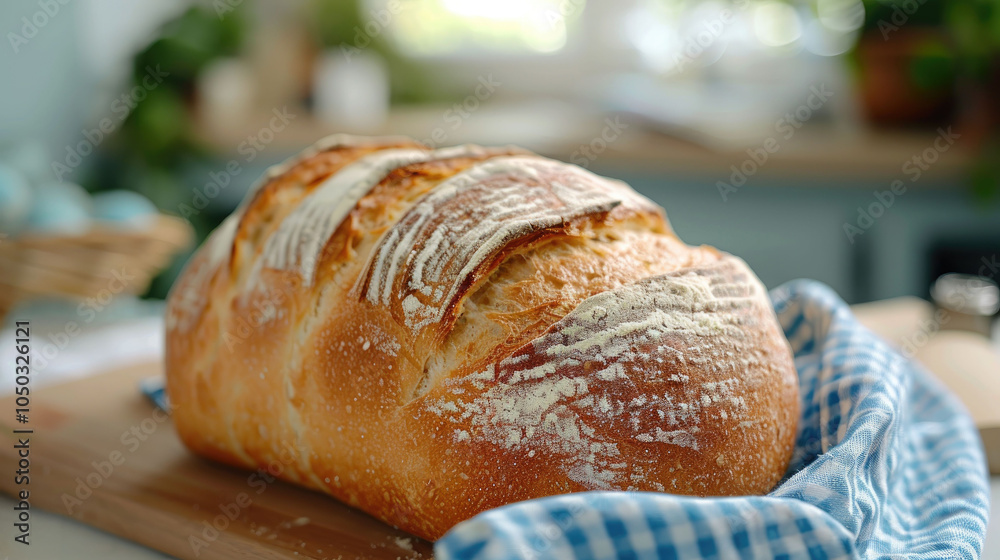 Freshly baked loaf of bread on a wooden board with a checkered cloth. Freshly baked loaf of bread on a wooden board with a checkered cloth.