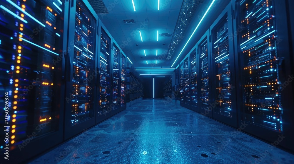 Fototapeta premium Futuristic server room with illuminated racks and cables, blue glowing lights.