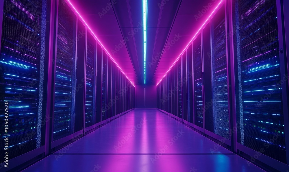 Fototapeta premium Futuristic Data Center Corridor with Blue and Purple LED Lights between High-Speed Computing Servers for Internet and Cloud Services, Generative AI