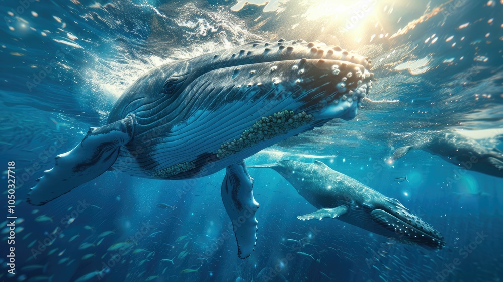 Obraz premium Humpback whales swimming gracefully in clear ocean waters.