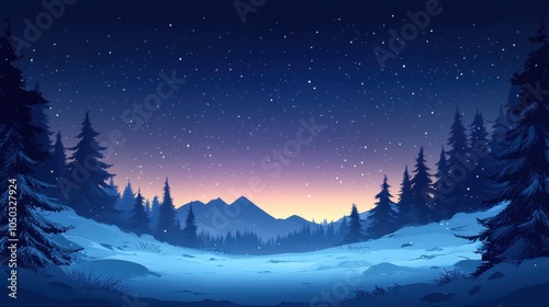 A tranquil winter twilight landscape with snow-covered ground, silhouetted trees, and a starry sky at dusk in a serene mountainous region