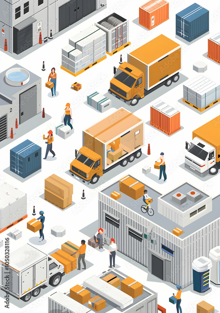 Fototapeta premium An isometric illustration of a busy warehouse with delivery trucks, workers, and boxes.