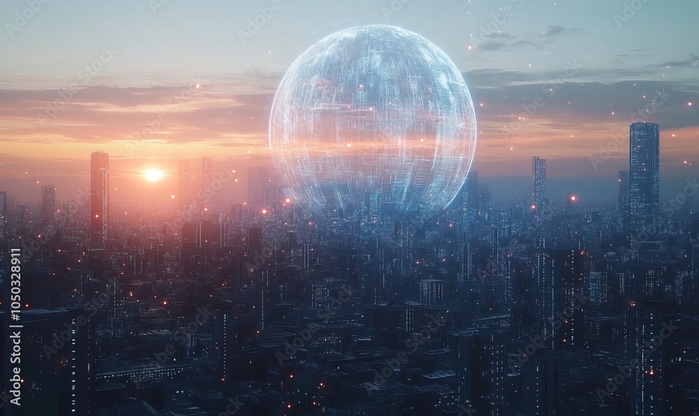 Fototapeta premium Futuristic Global Information Network Over Cityscape at Dusk: Digital Data and Connectivity Concept with Holographic Earth and Technology Elements, Generative AI