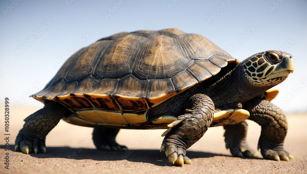 Obraz premium A turtle walks across a sandy surface, its shell a mosaic of browns and yellows.