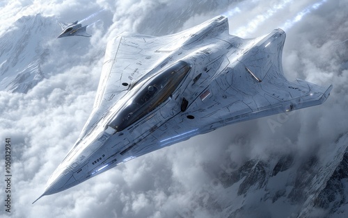 Stealth Fighter Jet Soaring Above Snowy Peaks; A Futuristic Aerial Combat Scene. Breathtaking speed and power! photo