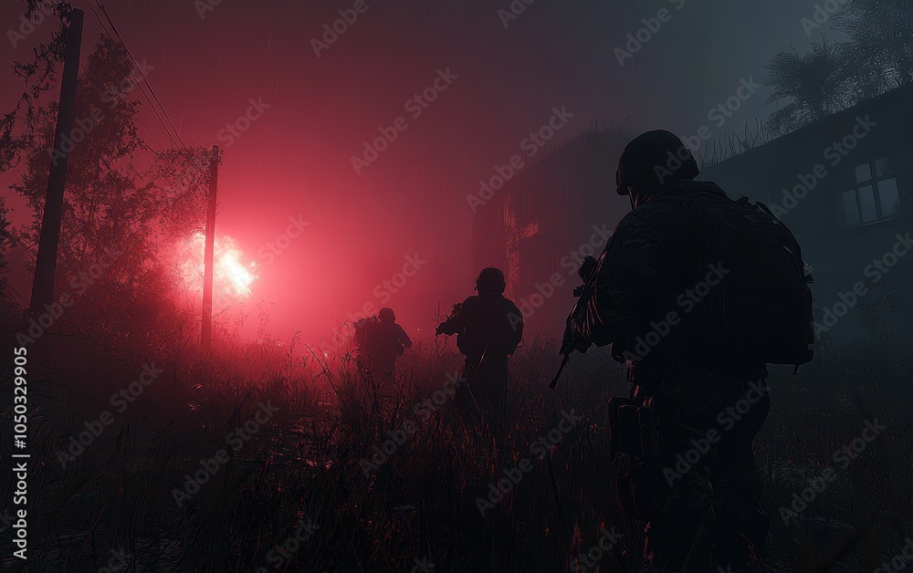 Fototapeta premium Silhouetted soldiers advance through a crimson-lit, war-torn landscape under a stormy night sky. Danger lurks.