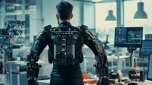 A person wearing a robotic exoskeleton stands at a workstation in a modern lab, suggesting advancements in technology and engineering.
