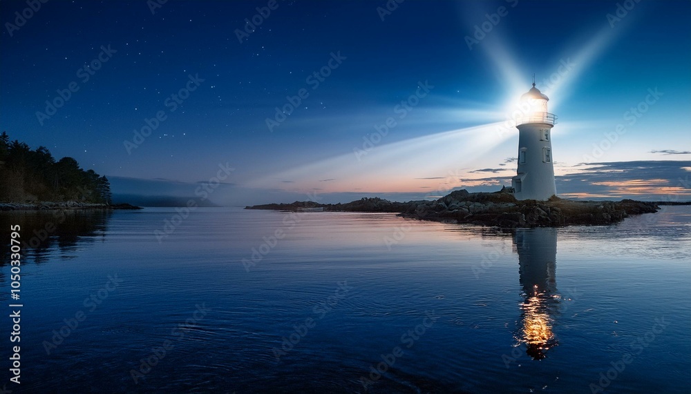 Lighthouse emitting bright light on a dark night, reflecting on calm water. Lighthouse emitting bright light on a dark night, reflecting on calm water.